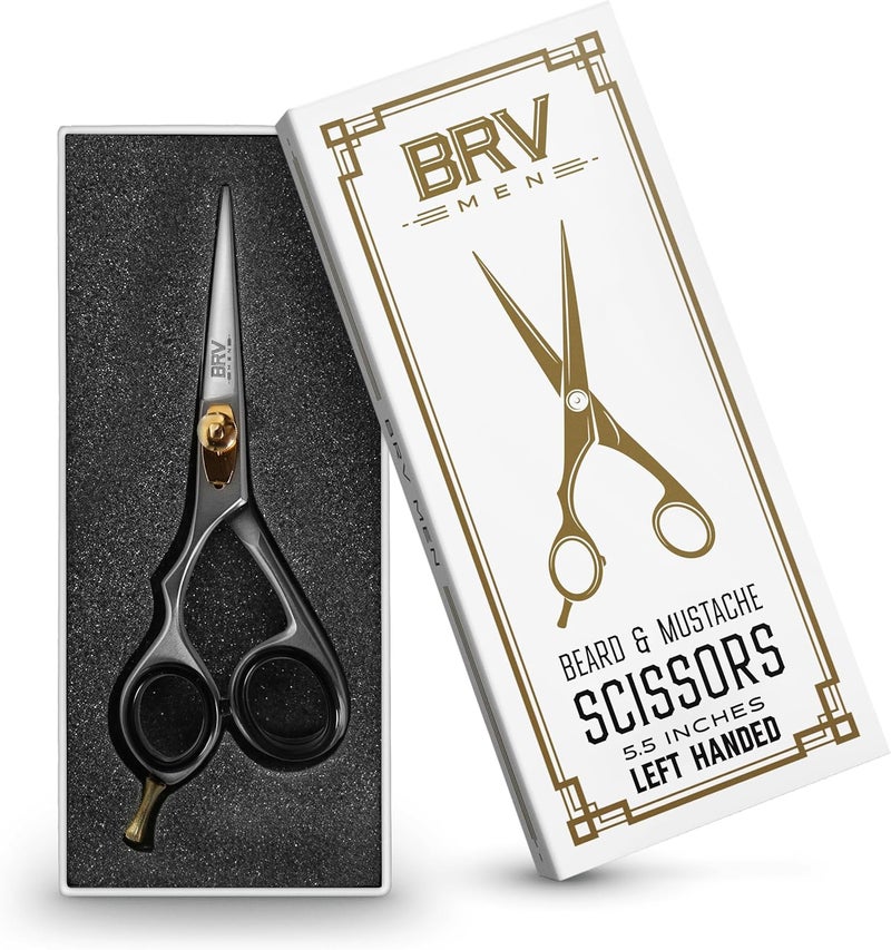 BRV MEN مقص حلاقة دقيق لذوي اليد اليسرى - 5.5" - 100% فولاذ مقاوم للصدأ عالي الكربون - مقص لتشذيب الشعر الوجه (لذوي اليد اليسرى - فضي) - Image 2